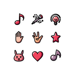 Poster - Collection of playful vector icons featuring music notes, hand gestures, and a cute bunny face for diverse digital designs