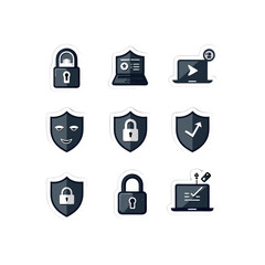 Poster - Cybersecurity icons stickers featuring shield symbols and lock icons for data protection and digital safety