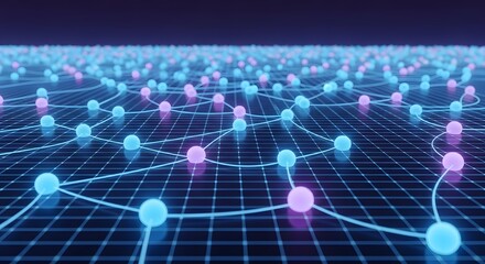 Poster - Abstract Network Visualization Glowing Nodes and Connections on Grid