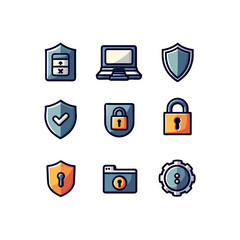 Poster - Security icons featuring shield, padlock, laptop, folder and gear in a vector illustration for digital safety and protection measures