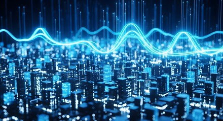 Poster - Abstract Futuristic Cityscape Digital Waves and Glowing Buildings
