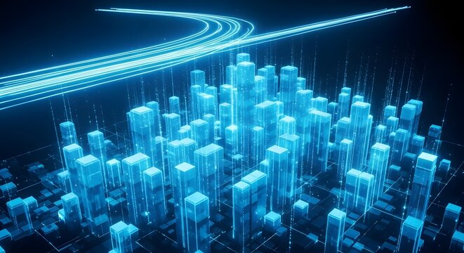 Abstract Futuristic Cityscape Digital Metropolis with Glowing Lines and Structures
