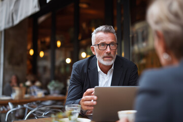 Poster - A man in a suit is sitting at a table with a laptop and a cup of coffee