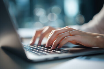 Poster - A woman is typing on a laptop with her hand on the keyboard
