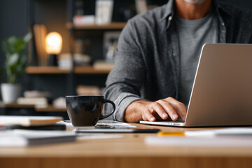 Poster - A man is typing on a laptop while holding a black coffee mug