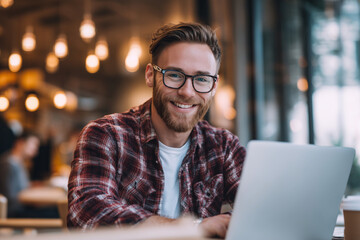 Poster - A man with glasses is sitting at a table with a laptop in front of him