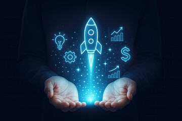 Poster - Blue neon rocket launch with business icons floating above open hands startup growth