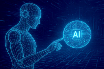 Poster - Blue wireframe robot interacting with glowing AI sphere artificial intelligence