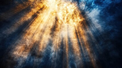 Poster - Golden light beams pierce through a dark, smoky atmosphere, creating a dramatic and ethereal visual effect.