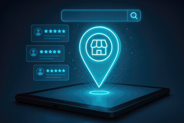 Poster - Digital map pin with store icon and star ratings on tablet image