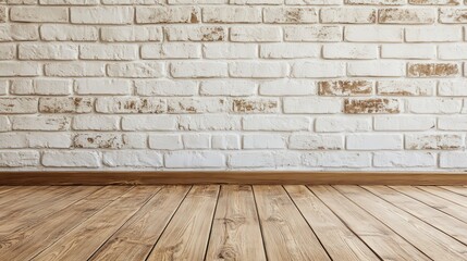 Poster - Empty room with a white painted brick wall and wooden floor, creating a clean, rustic interior setting.