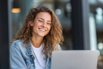 Poster - A woman with long hair is smiling and sitting in front of a laptop