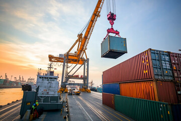 Poster - Crane lifts cargo containers at bustling port during sunset Generative AI