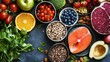 © Phonphysith - A vibrant assortment of fresh fruits, vegetables, nuts, grains, salmon, and raw meat arranged on a dark surface, highlighting healthy and diverse food choices.
