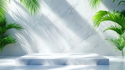 Poster - A minimalist marble podium with sunlight streaming through, surrounded by green palm leaves, creating a serene and elegant atmosphere.