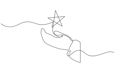 Poster - Continuous one line hand hold star with forefinger and thumb, Hand holds star on the palm of his hand, puts rating, reviews. Vector continuous line.