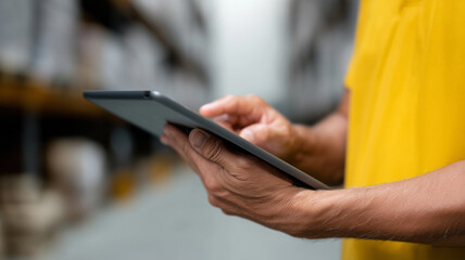 Poster - Hands using tablet to control inventory management in warehouse, technology, efficiency, focus, modern, digital