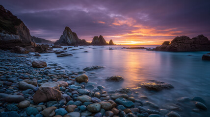Poster - Long exposure landscape of rocky beach with smooth water, dramatic sky, colorful sunset, tranquil mood