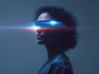Aufkleber - Futuristic woman virtual reality glowing visor technology digital innovation blue light confident