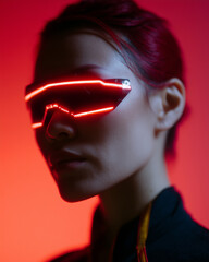 Aufkleber - Cyberpunk woman neon glasses futuristic red light portrait technology moody fashion