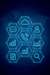 Poster - Glowing Neon Hexagonal Icons Representing Digital Communication and Data Analysis