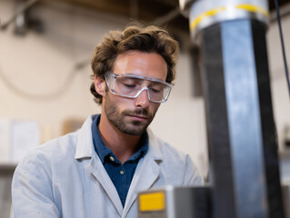 Poster - Scientist laboratory safety glasses male research energy testing material focused innovation technology white coat experiment