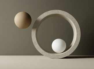 Aufkleber - Minimalist composition consisting of two floating matte beige spheres and a round frame on a gray background