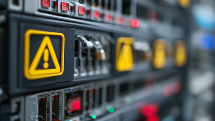 Aufkleber - Server rack with warning sign security risk data center technology alert closeup cyber threat network