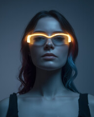 Poster - Woman illuminated glasses futuristic portrait glowing fashion technology blue background confident creative style