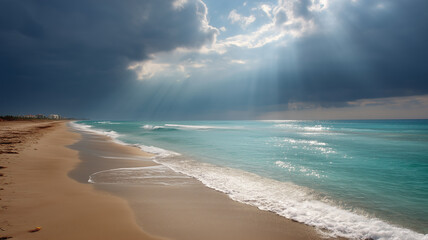 Poster - Wide sandy beach turquoise sea dramatic sky sunlight reflection peaceful nature landscape