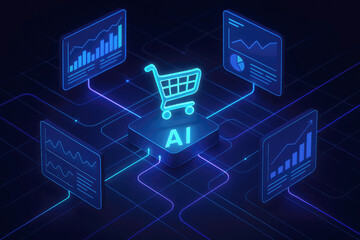 Poster - Glowing shopping cart and data charts connected by neon lines data analysis graphs
