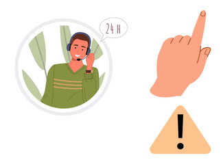 Poster - Customer service agent in headset speaking inside circle, speech bubble indicating 24H availability, finger pointing upward, triangular caution mark. Ideal for support, accessibility, caution, alert