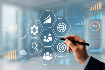 Poster - Hand interacting with digital interface displaying business analytics and global data