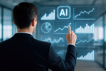 Poster - Man interacting with futuristic ai data display suit business