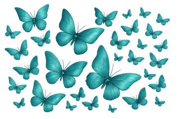 Poster - Beautiful turquoise butterflies are flying on a transparent background, creating a whimsical and enchanting scene