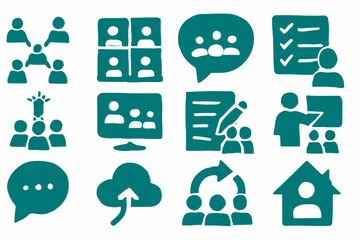 Poster - Teal Icon Set Representing Teamwork Communication and Remote Work Featuring Symbols of Collaboration Online Meetings Cloud Storage and Home Office all on a Clean White