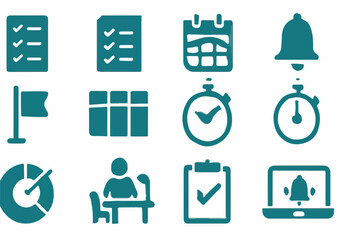Poster - A collection of teal icons representing productivity time management and task completion including a checklist calendar stopwatch bell flag chart person at desk and laptop