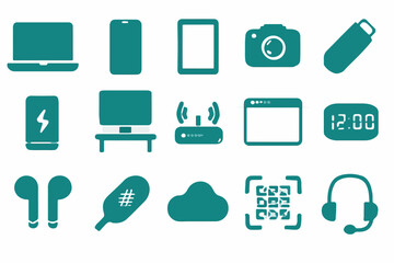 Poster - Teal Technology Icons A Collection of Modern Devices and Symbols Representing Digital Communication Connectivity and Electronic Gadgets on a Clean White Background Ideal for Design