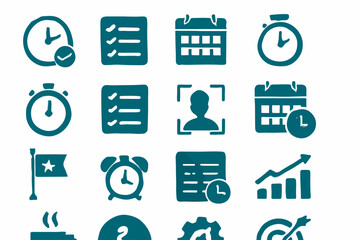 Poster - Collection of Teal Business and Productivity Icons on White Background Time Management Goals Planning and Efficiency for Business Personal and Project Management Applications and Presentations