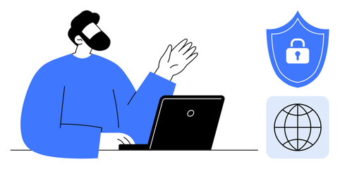 Poster - Man using laptop with raised hand, shield with lock, and globe. Ideal for technology, cybersecurity, privacy, data protection, global connectivity internet security secure communication. Simple