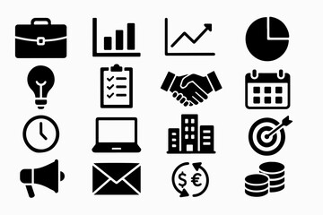 Poster - A collection of business and finance icons including a briefcase charts handshake calendar lightbulb laptop and coins all in a clean minimalist black and white