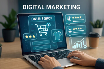 Poster - Online shopping interface with customer reviews and sales growth chart laptop shopping cart