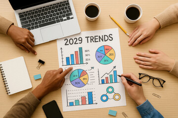 Poster - People analyzing colorful charts and graphs on paper analysis planning