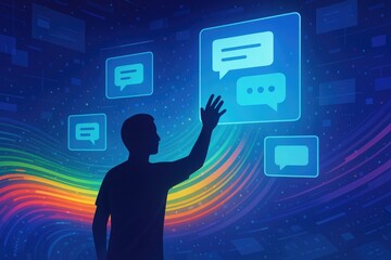 Poster - Silhouette man interacting with glowing communication icons hand touching