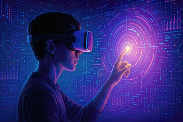 Poster - Young man interacting with digital interface using virtual reality headset touching