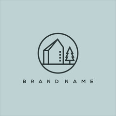 Poster - line art apartment building and pine tree in circle vector logo