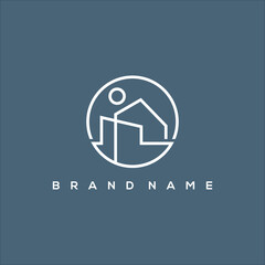 Poster - line art house building and sun in circle vector logo