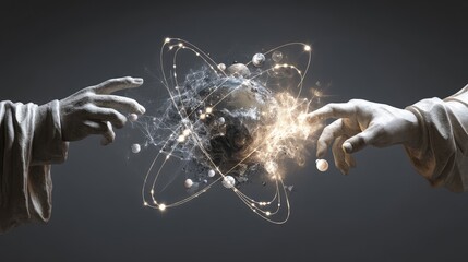 a conceptual image of the intersection of science and religion, with symbolic elements of both faith