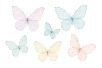 Aufkleber - Six pastel-colored butterflies with their wings spread wide are gracefully flying against a transparent background, embodying beauty and elegance