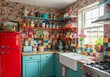 © AradeaPutra - Bright and chaotic maximalist kitchen filled with contrasting textures, retro items, and vibrant patterns. ideal for home decor inspiration.